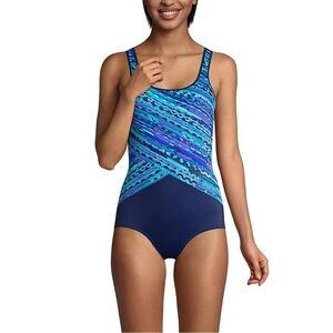 NWOT Lands’ End One Piece Tugless Sporty Blue Stripe Swimsuit Size 16 Petite
